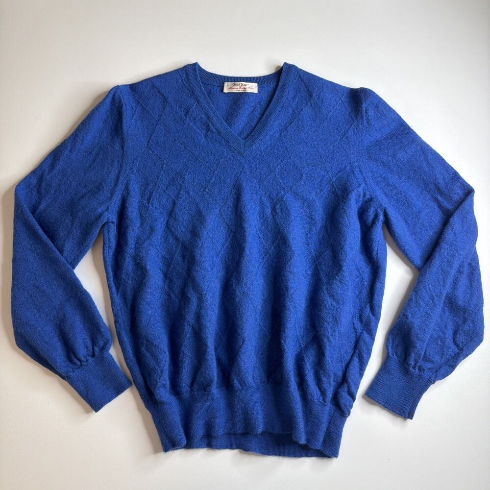 Vintage Gran Sasso V Neck Sweater Royal Blue Mens Small Fine Merino Wool Luxury